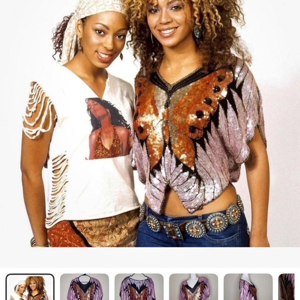 y2k silk butterfly sequin beaded top black gold aso on Beyonce